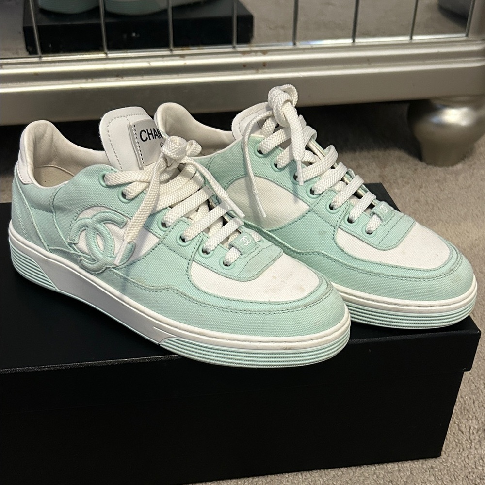 CHANEL Light Green and White Sneakers